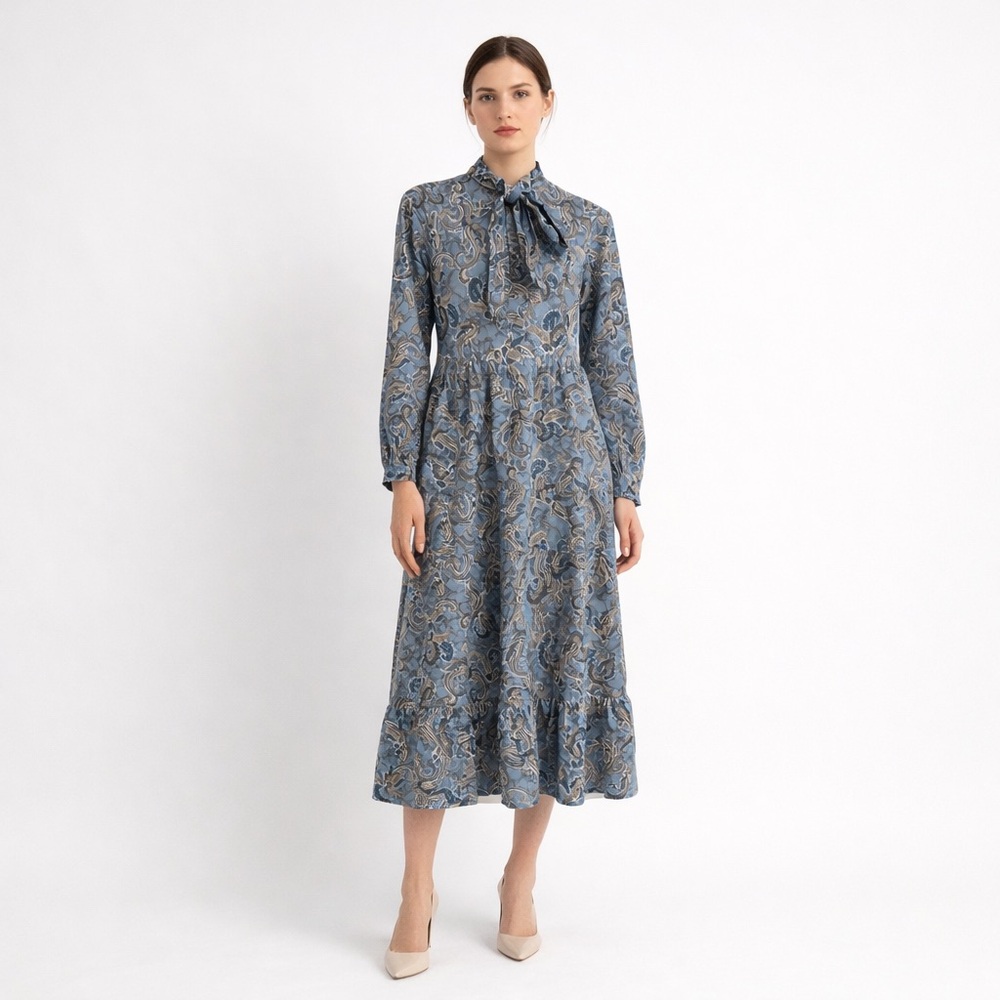 Epik Blue Paisley‎ Midi Dress Long Sleeve Boho Cottagecore Tiered XS romantic